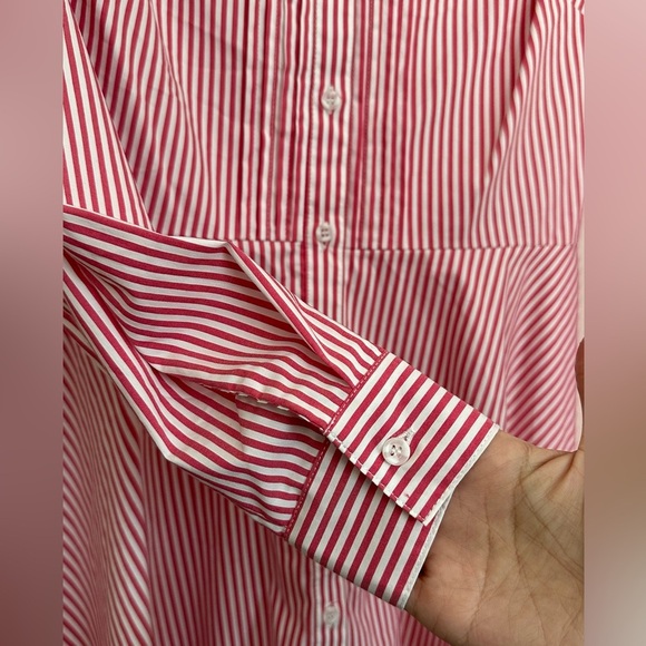 Cremieux Red and White Stripe Pin-tuck Button Down Shirt Dress 4 - Picture 5 of 9